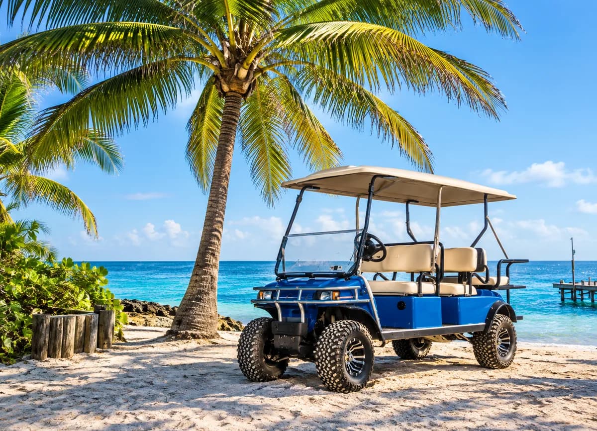 A blue six-seat golf cart parked on the sand under a palm by the sea