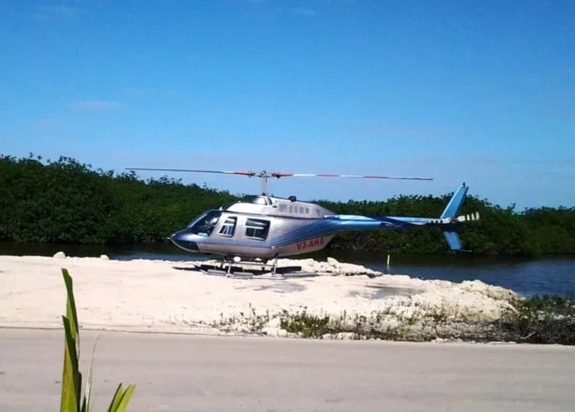 A blue and white helicopter on a sand pad, with mangrove and open water behind it