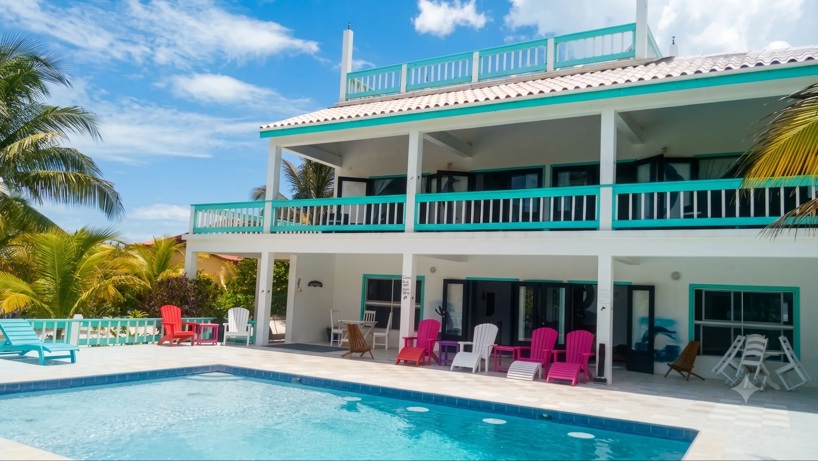 The villa's white front and turquoise verandas seen across the swimming pool, with sun loungers and palms along the deck